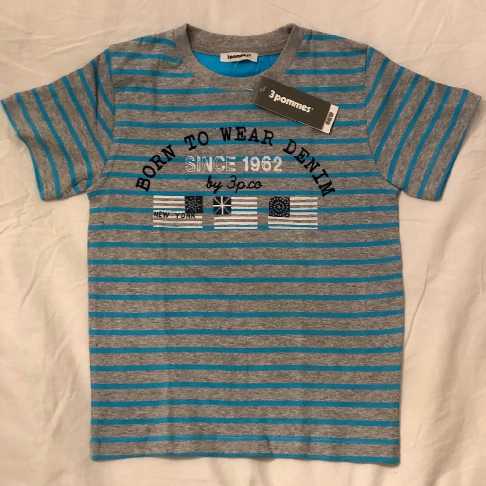 Boys 3pommes heather/ blue stripe tee size 5 -new